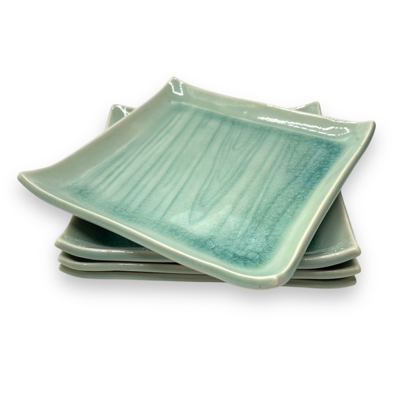 Japanese Set of 4 Celadon Green w/ Blue Crackle Square Glazed Small Plates 6" - Picture 2 of 9